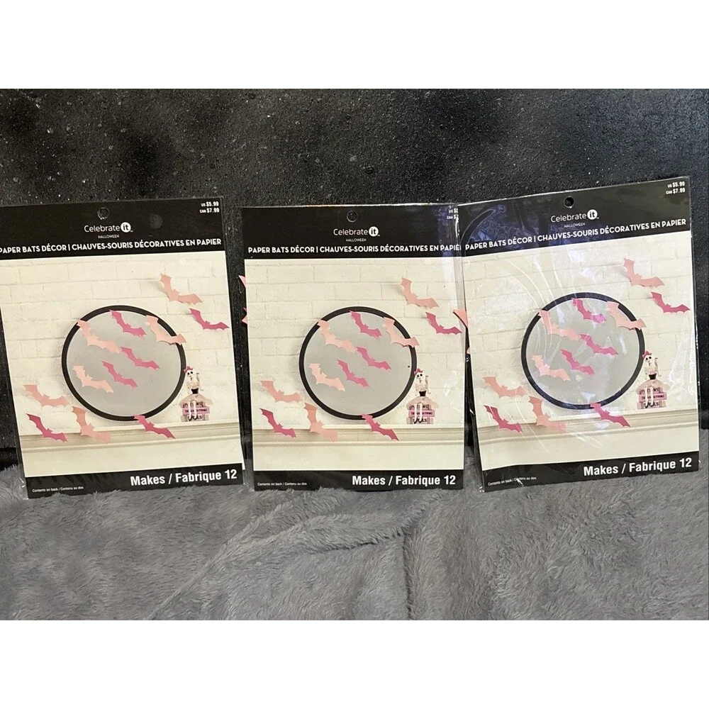 SET of 3 Celebrate It Light Medium Pink Paper Bats Decor Halloween 36 Bats NWT
